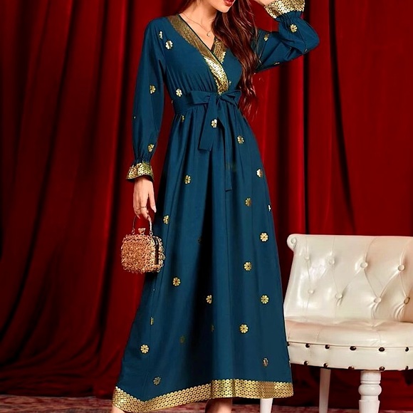 NWOT GORGEOUS Surplice Front India Saree Style Belted Maxi Teal Gold Dress - Picture 2 of 6